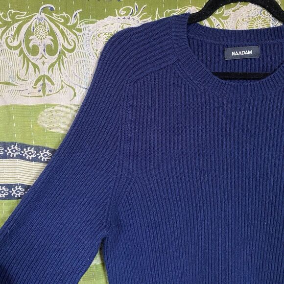 NAADAM Navy Blue Merino Wool/ Cashmere Blend Ribbed Mockneck Sweater Size Medium - Picture 3 of 16